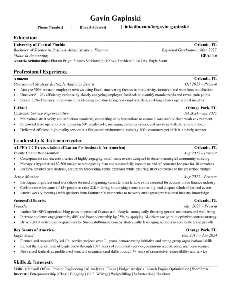 resume for internship